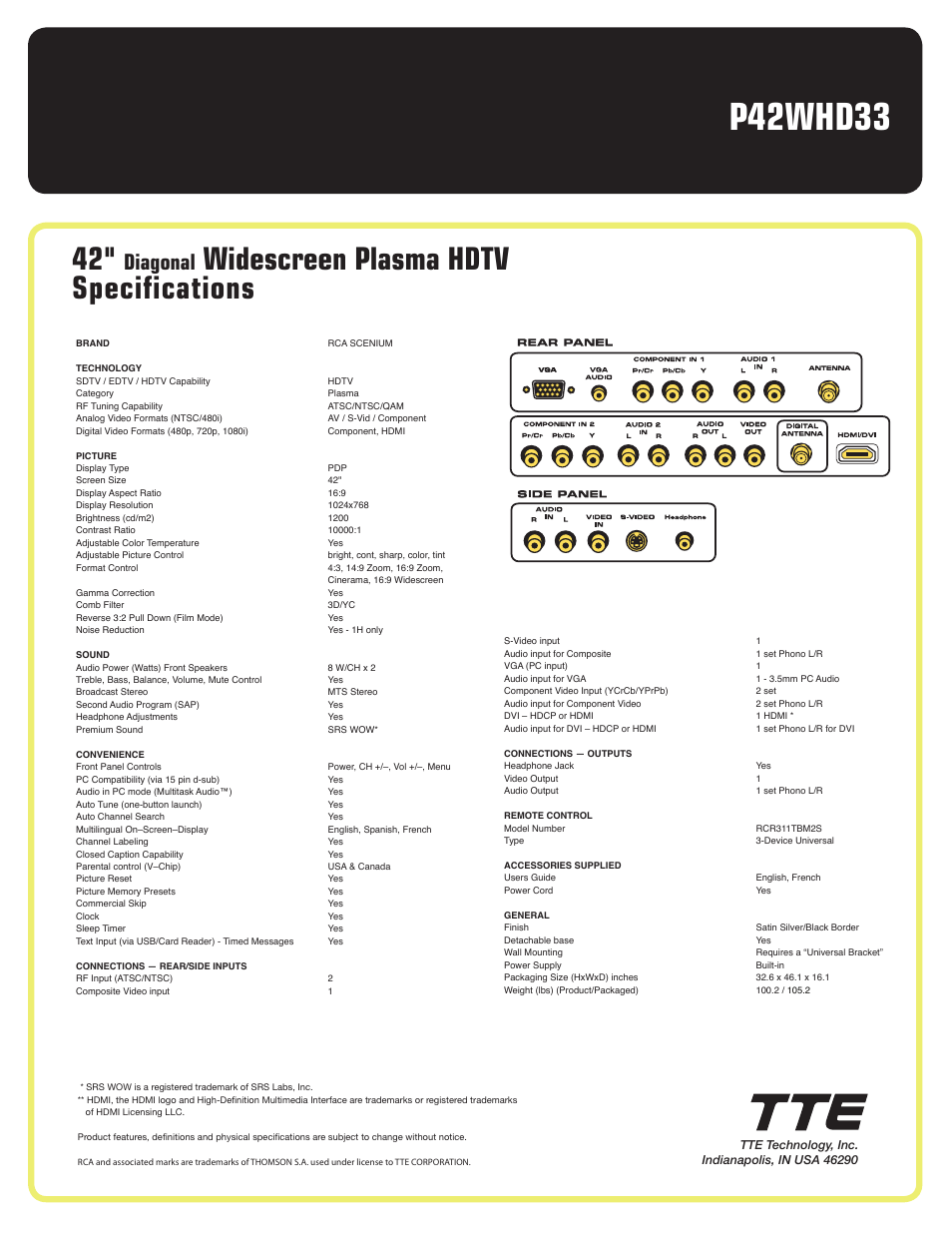 P42whd33, Widescreen plasma hdtv specifications, Diagonal | RCA Scenium P42WHD33 User Manual | Page 2 / 2