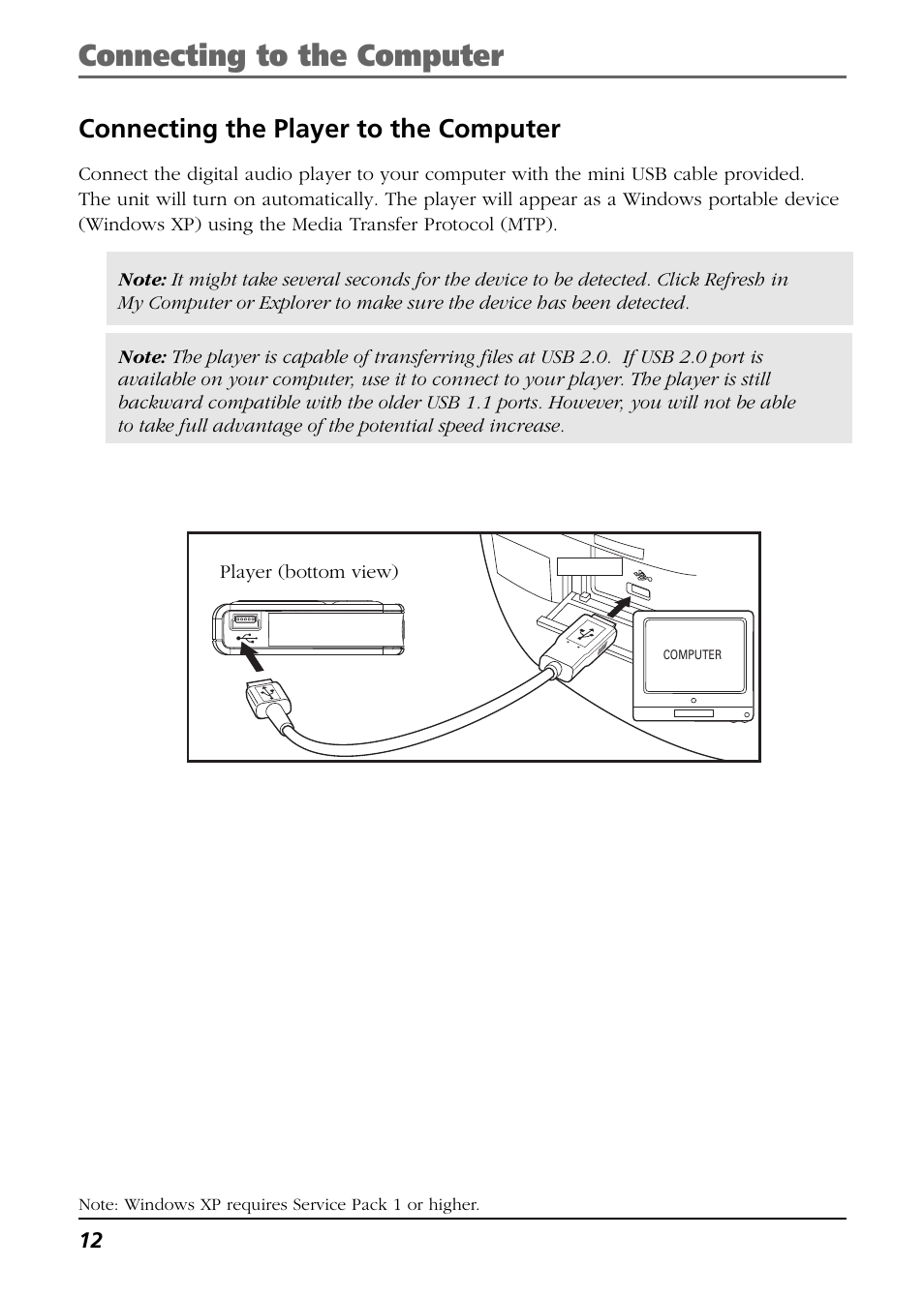 Connecting the player to the computer, Connecting to the computer | RCA H115 User Manual | Page 12 / 38