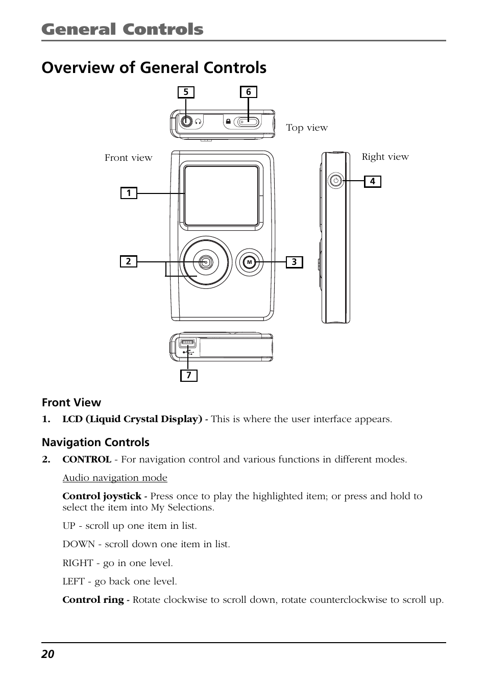 Overview of general controls, Front view, Navigation controls | General controls overview of general controls | RCA H115 User Manual | Page 20 / 38