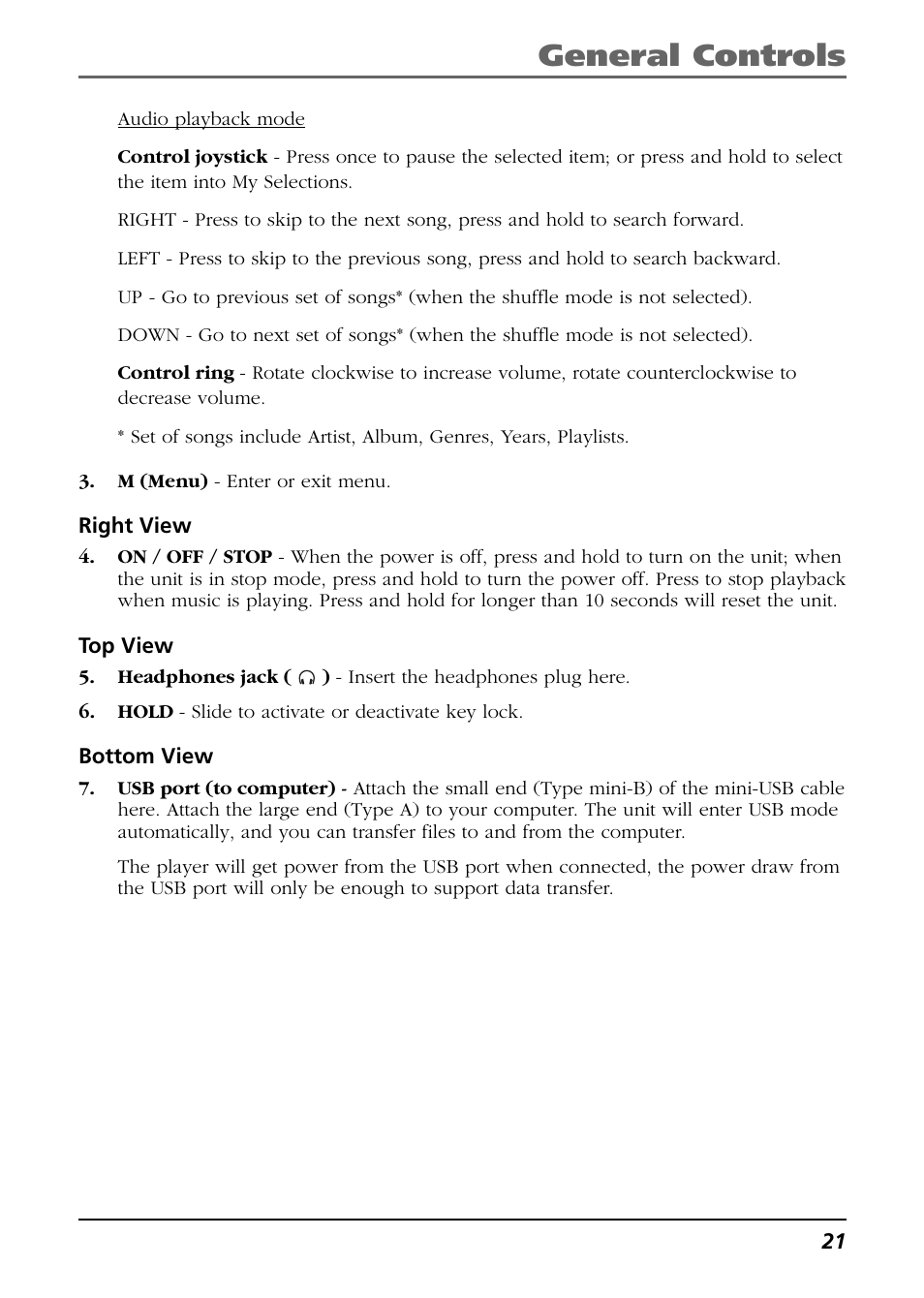 Right view, Top view, Bottom view | General controls | RCA H115 User Manual | Page 21 / 38