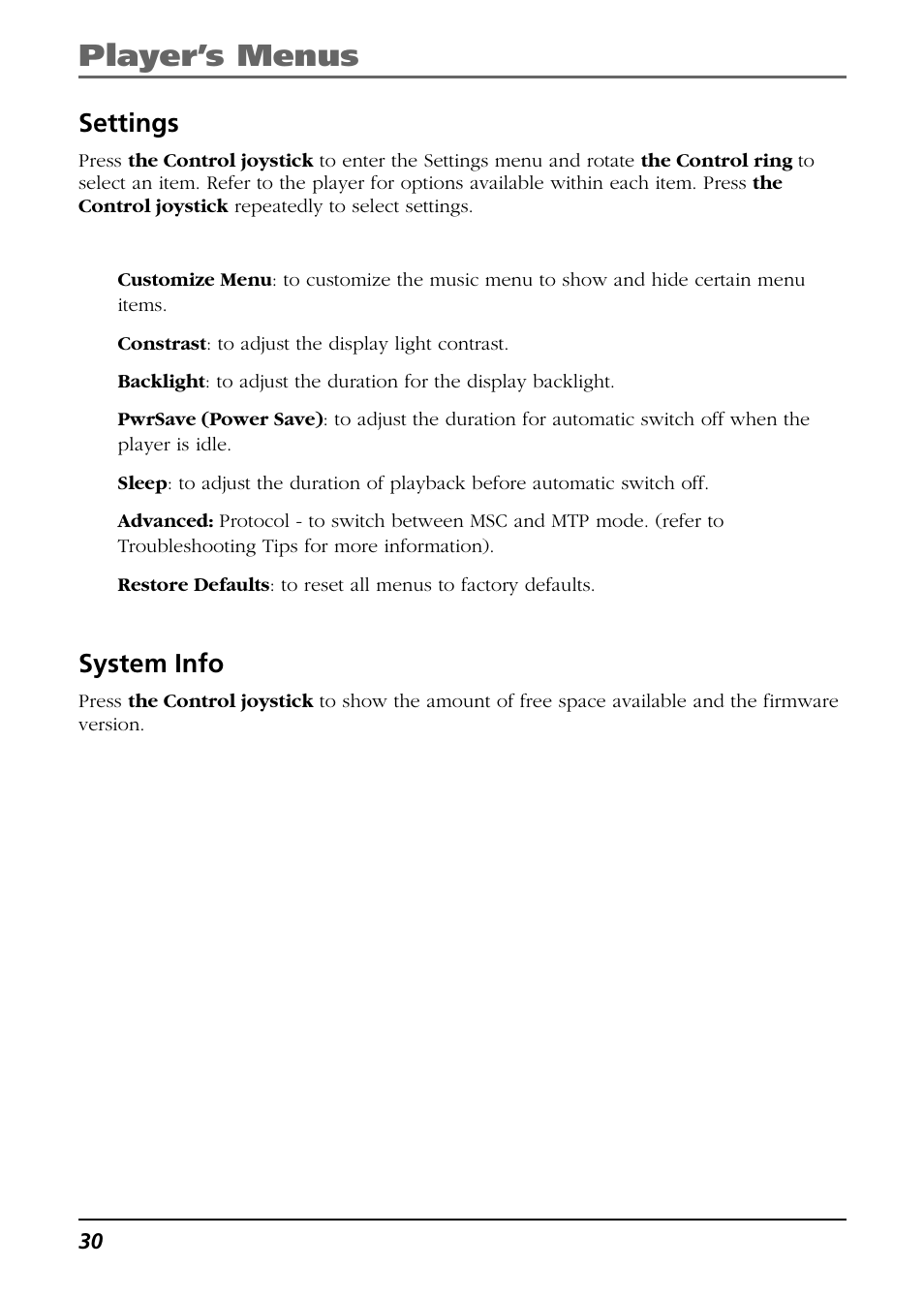 Settings, System info, Player’s menus | RCA H115 User Manual | Page 30 / 38