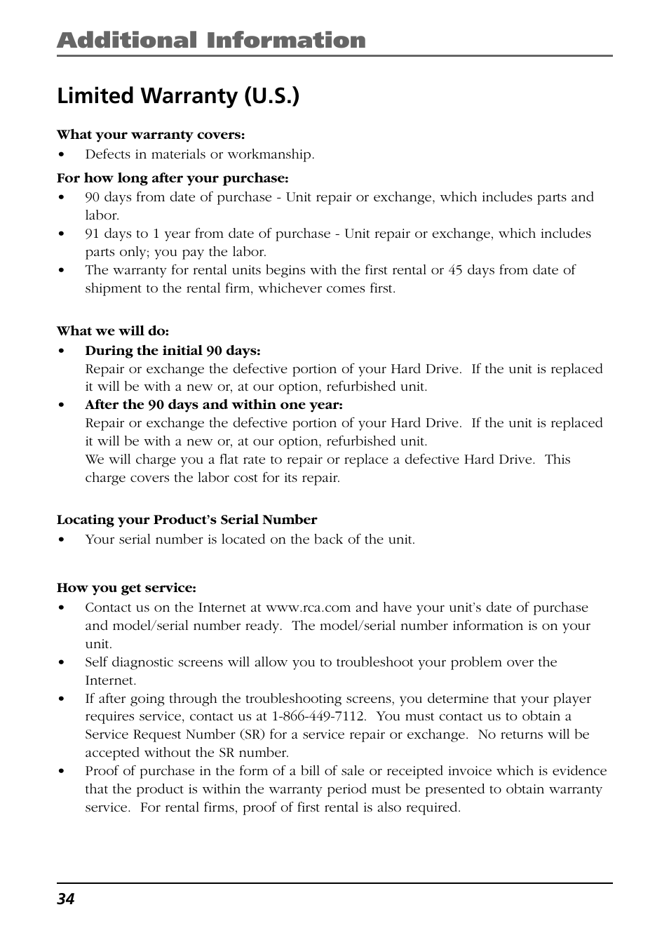 Limited warranty (u.s.), Additional information limited warranty (u.s.) | RCA H115 User Manual | Page 34 / 38