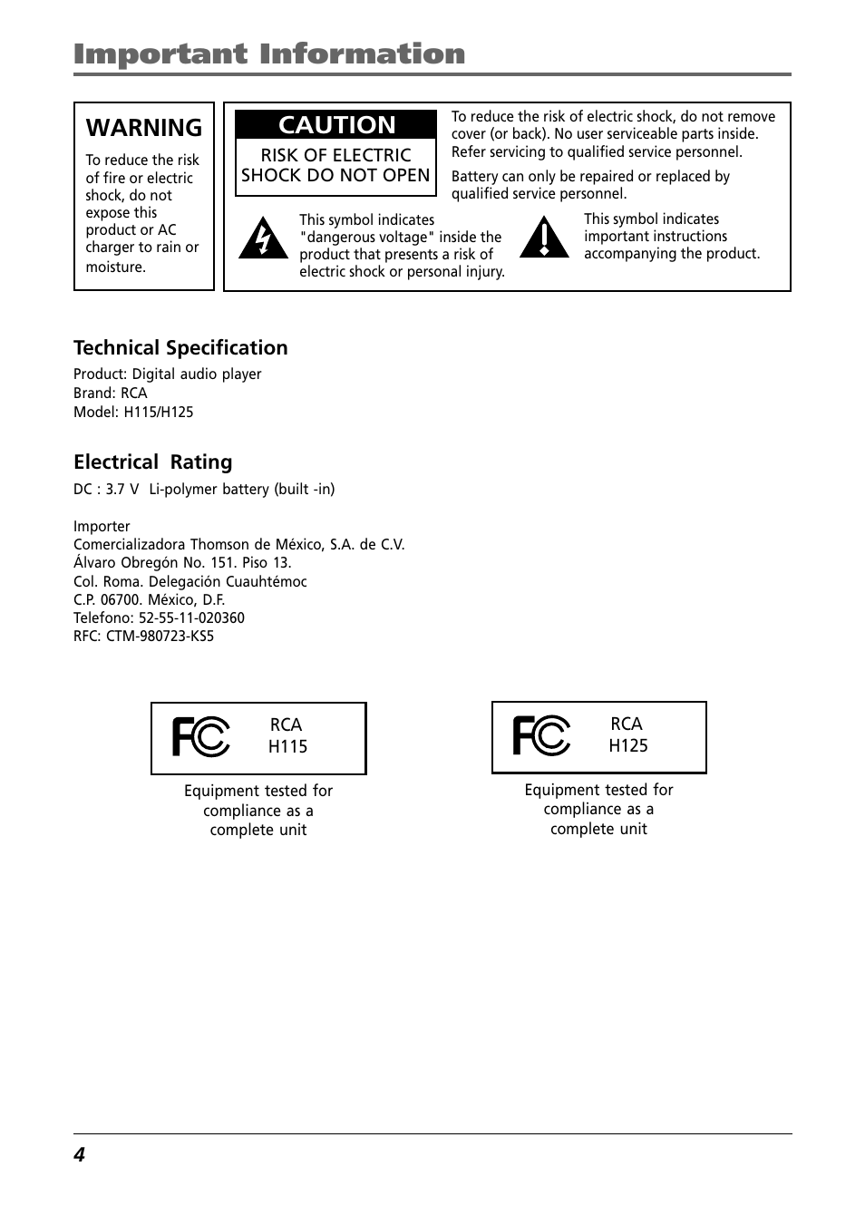 Important information, Technical specification, Electrical rating | Warning, Caution | RCA H115 User Manual | Page 4 / 38