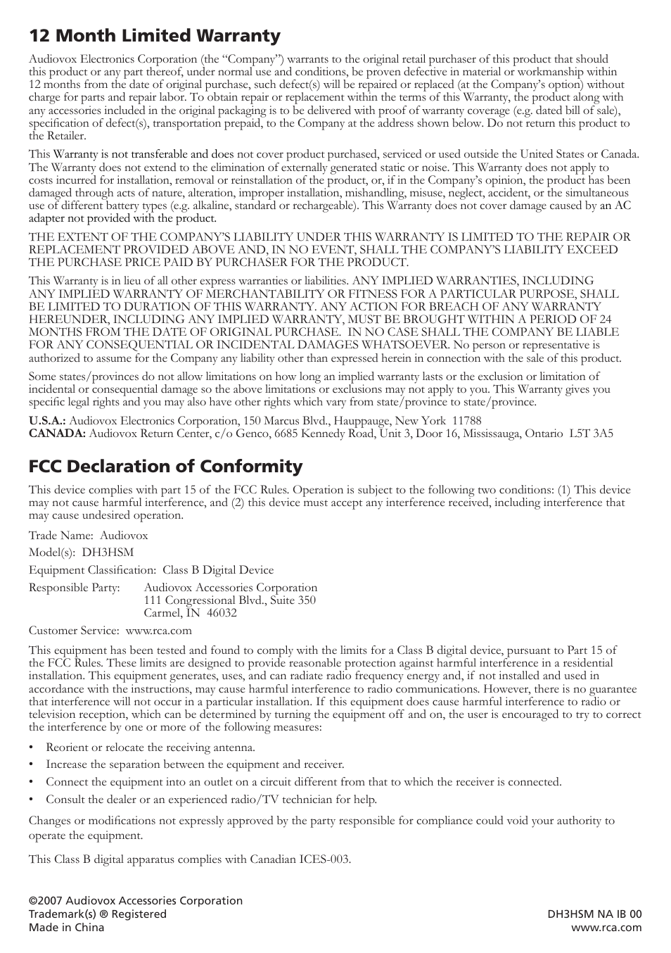 12 month limited warranty, Fcc declaration of conformity | RCA DH3HSM User Manual | Page 2 / 4
