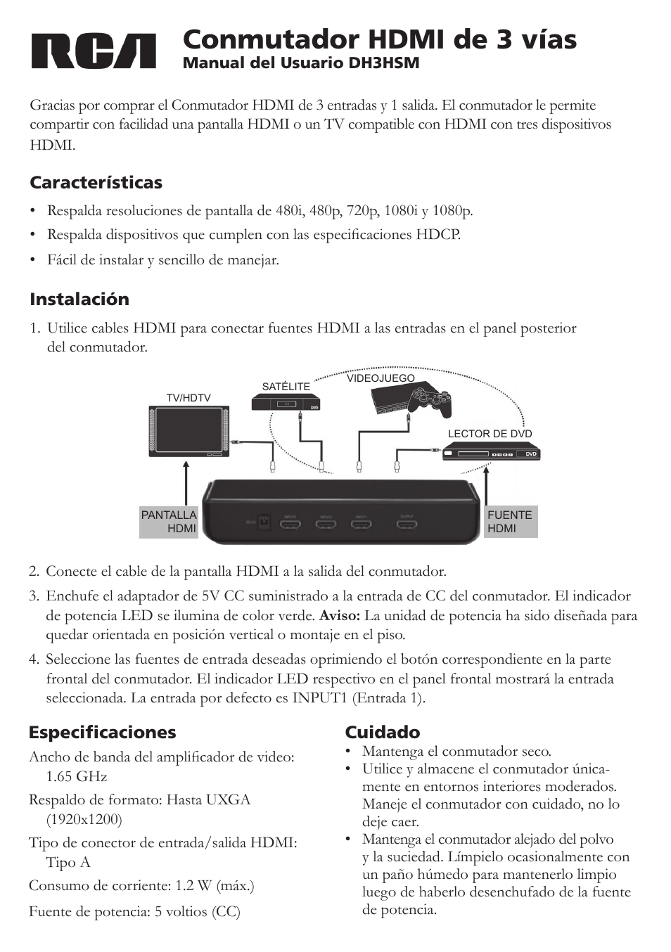 Conmutador hdmi de 3 vías | RCA DH3HSM User Manual | Page 3 / 4