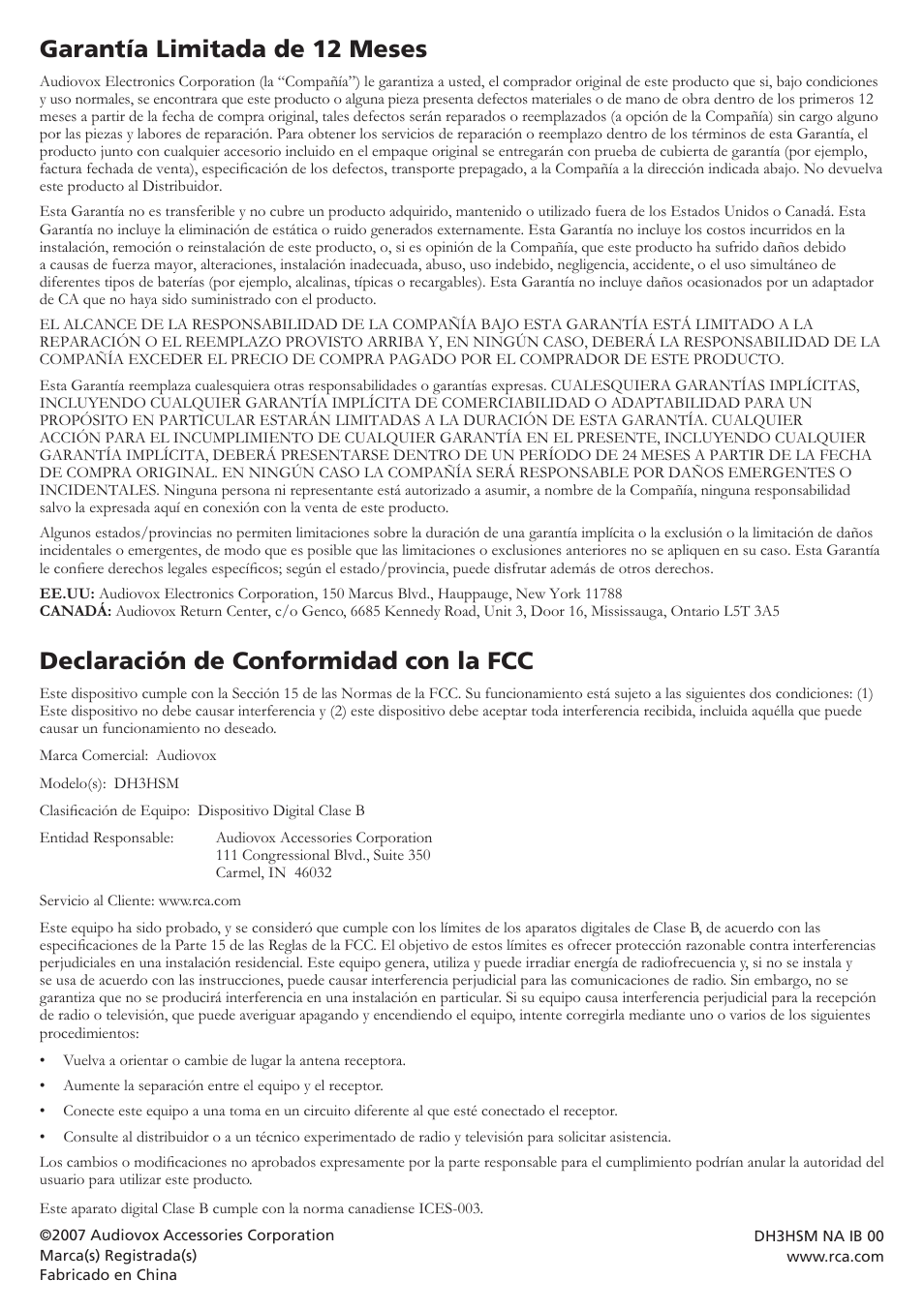 Garantía limitada de 12 meses, Declaración de conformidad con la fcc | RCA DH3HSM User Manual | Page 4 / 4