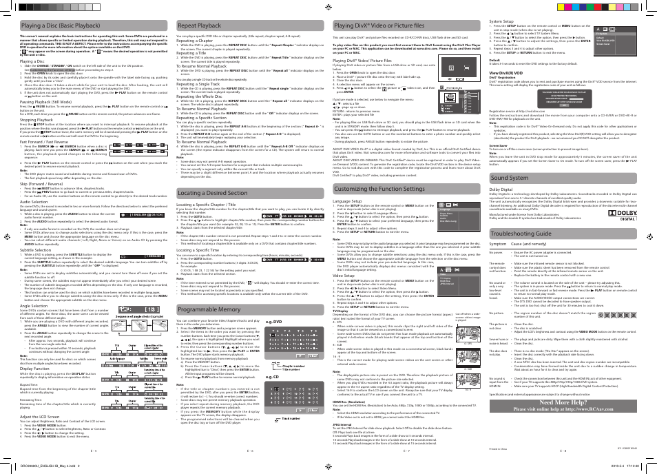 Playing a disc (basic playback), Customizing the function settings, Sound system | Troubleshooting guide, Need more help | RCA DRC99380U User Manual | Page 2 / 2