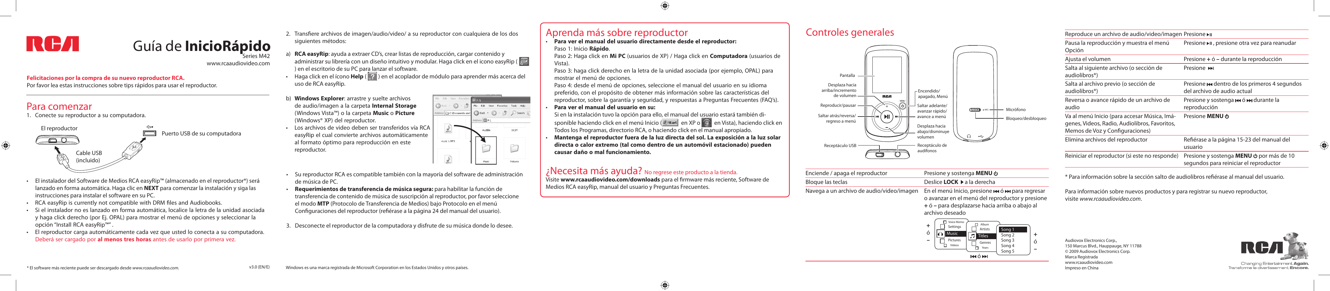 Guía de iniciorápido, Para comenzar, Controles generales | Aprenda más sobre reproductor, Necesita más ayuda | RCA M42 SERIES User Manual | Page 2 / 2