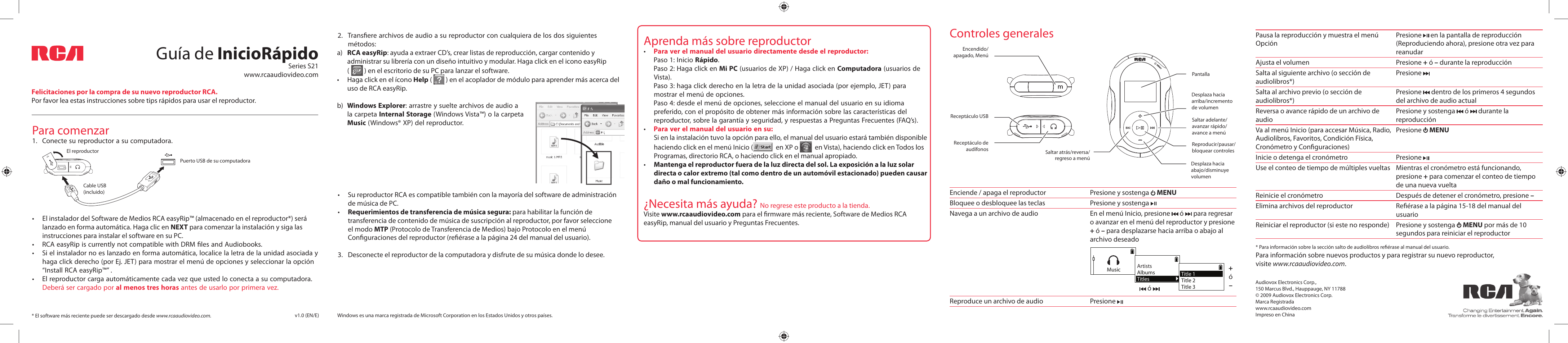 Guía de iniciorápido, Para comenzar, Controles generales | Aprenda más sobre reproductor, Necesita más ayuda | RCA S21 SERIES User Manual | Page 2 / 2