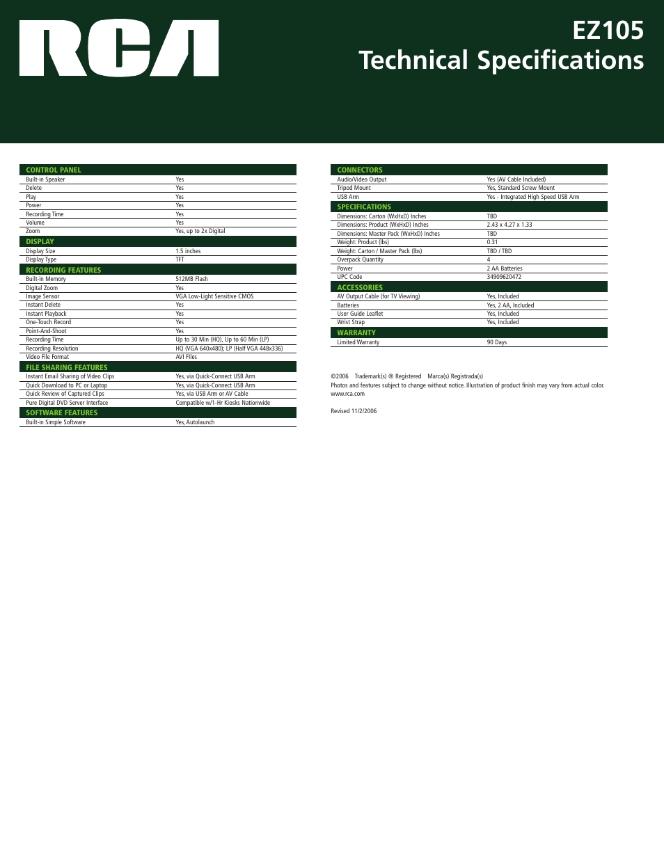 Ez105 technical specifications | RCA EZ 105 User Manual | Page 2 / 2