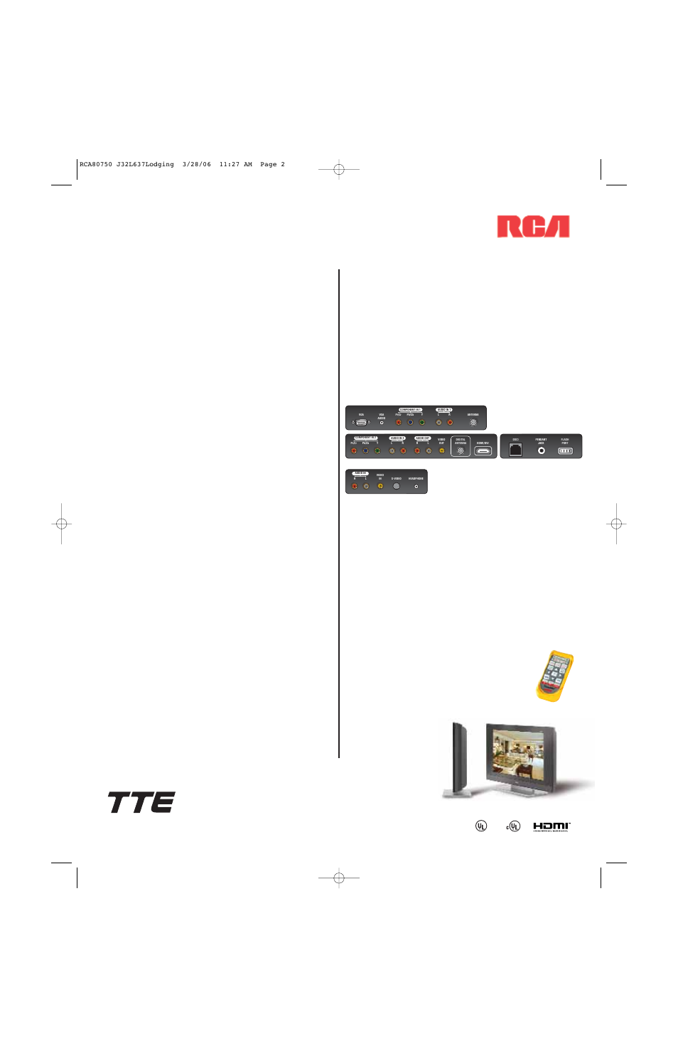 Picture technology, Sound technology, Commercial features | Specifications, Optional accessories | RCA J32L637L User Manual | Page 2 / 2