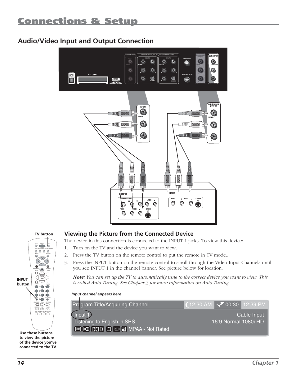 Connections & setup, Audio/video input and output connection, 14 chapter 1 | Viewing the picture from the connected device, Input channel appears here | RCA HD44LPW62 User Manual | Page 16 / 80