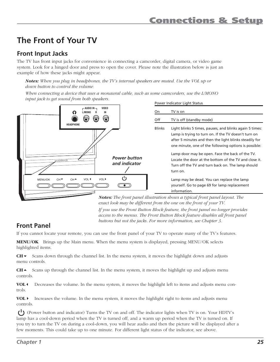 Connections & setup, The front of your tv, Front input jacks | Front panel, Chapter 1 25 | RCA HD44LPW62 User Manual | Page 27 / 80