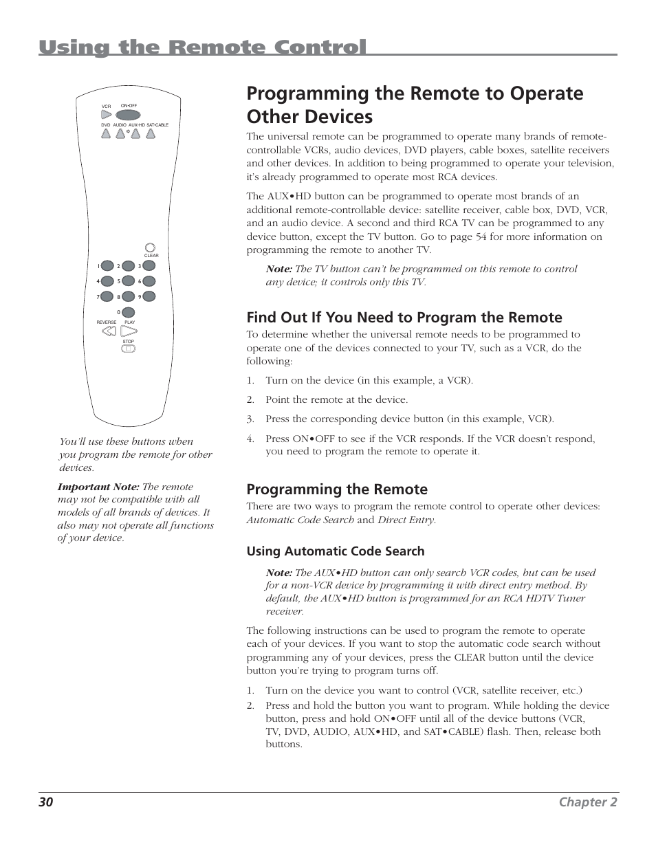 Using the remote control, Programming the remote to operate other devices, Find out if you need to program the remote | Programming the remote, 30 chapter 2, Using automatic code search | RCA HD44LPW62 User Manual | Page 32 / 80