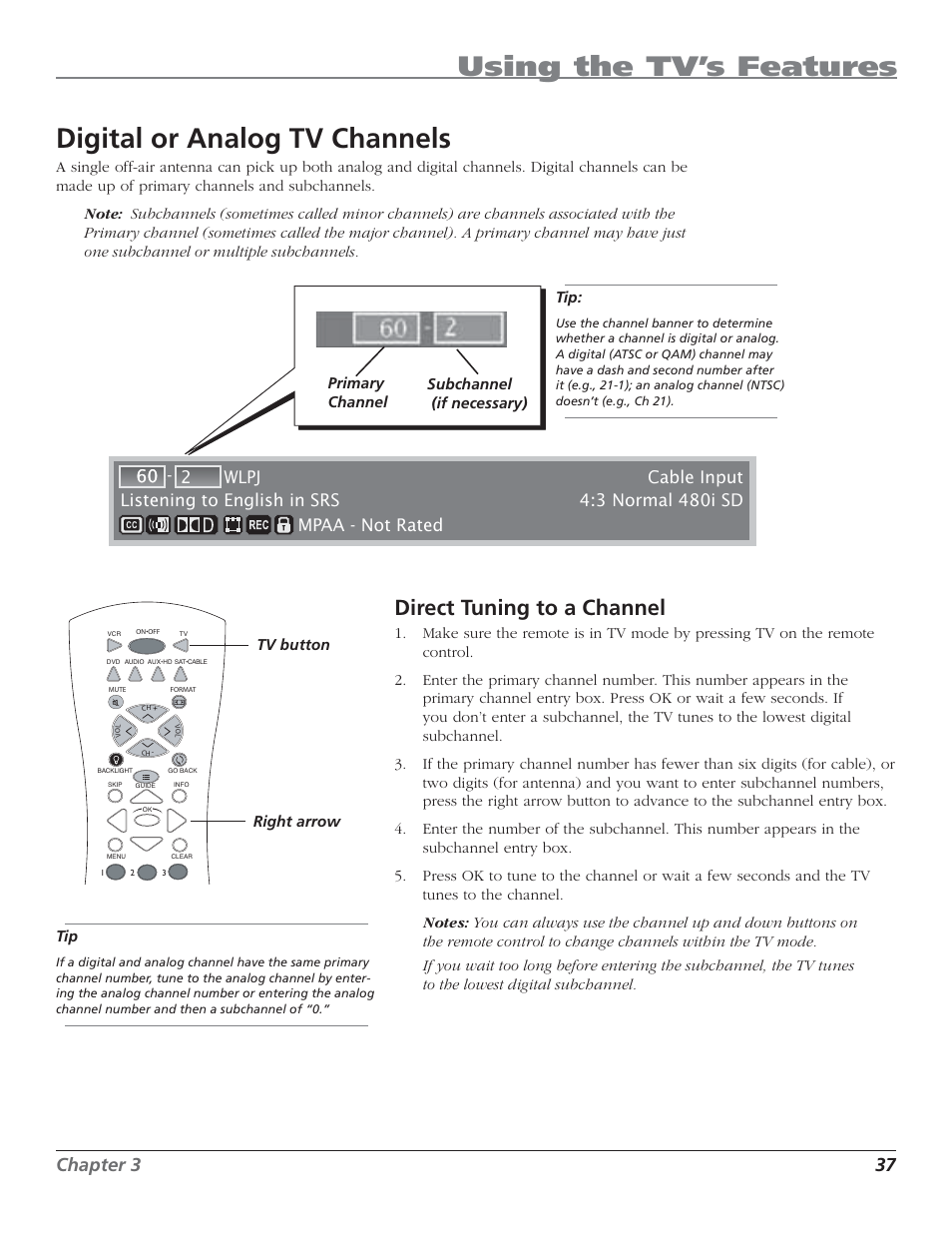 Using the tv’s features, Digital or analog tv channels, Direct tuning to a channel | Chapter 3 37 | RCA HD44LPW62 User Manual | Page 39 / 80