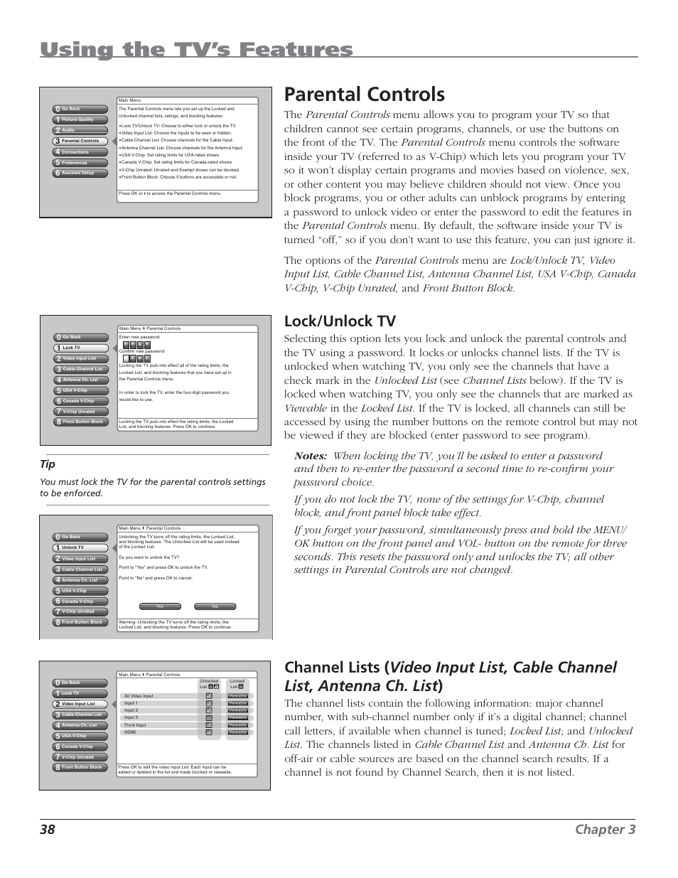 Using the tv’s features, Parental controls, Lock/unlock tv | 38 chapter 3 | RCA HD44LPW62 User Manual | Page 40 / 80