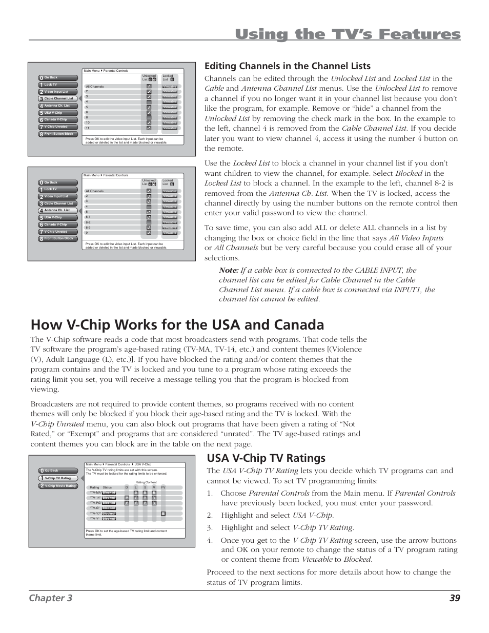 Using the tv’s features, How v-chip works for the usa and canada, Usa v-chip tv ratings | Chapter 3 39 editing channels in the channel lists | RCA HD44LPW62 User Manual | Page 41 / 80