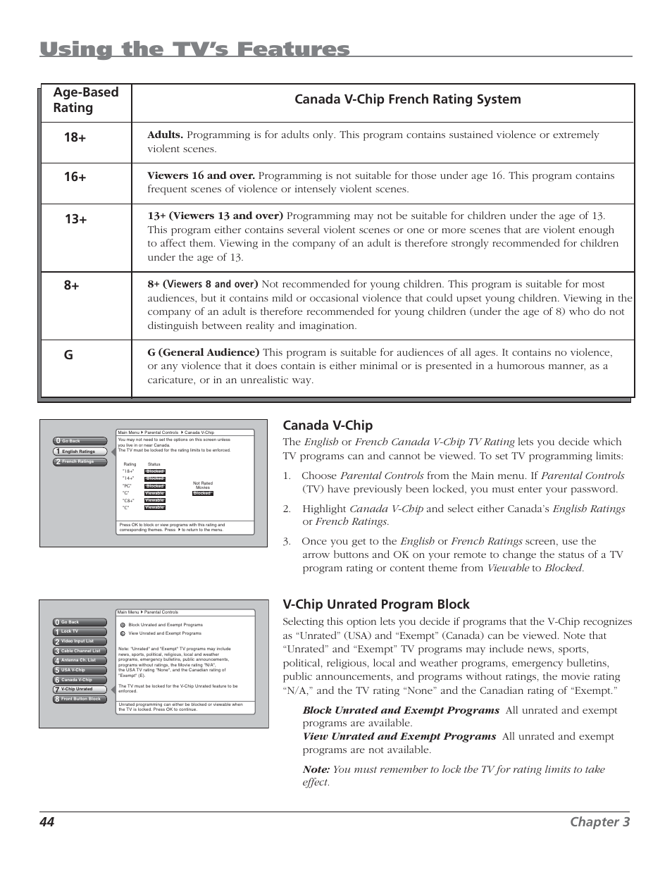 Using the tv’s features, 44 chapter 3 canada v-chip, V-chip unrated program block | RCA HD44LPW62 User Manual | Page 46 / 80