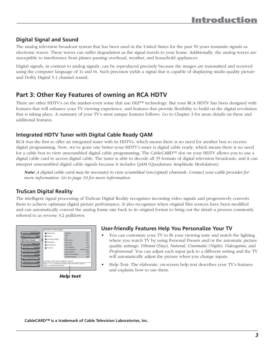 Introduction, Part 3: other key features of owning an rca hdtv, Digital signal and sound | Integrated hdtv tuner with digital cable ready qam, Truscan digital reality, Help text | RCA HD44LPW62 User Manual | Page 5 / 80