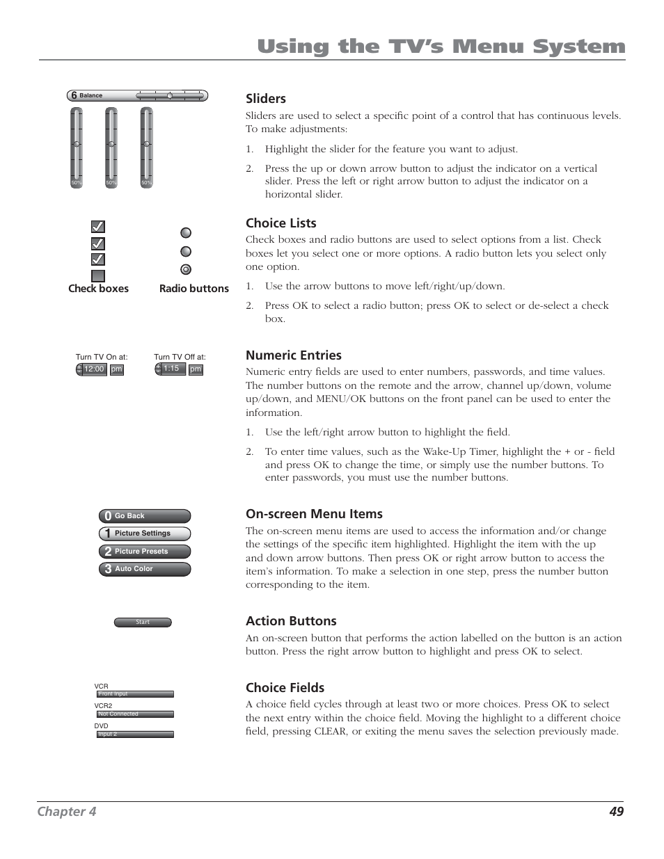 Using the tv’s menu system, Chapter 4 49, Sliders | Choice lists, Numeric entries, On-screen menu items, Action buttons, Choice fields | RCA HD44LPW62 User Manual | Page 51 / 80