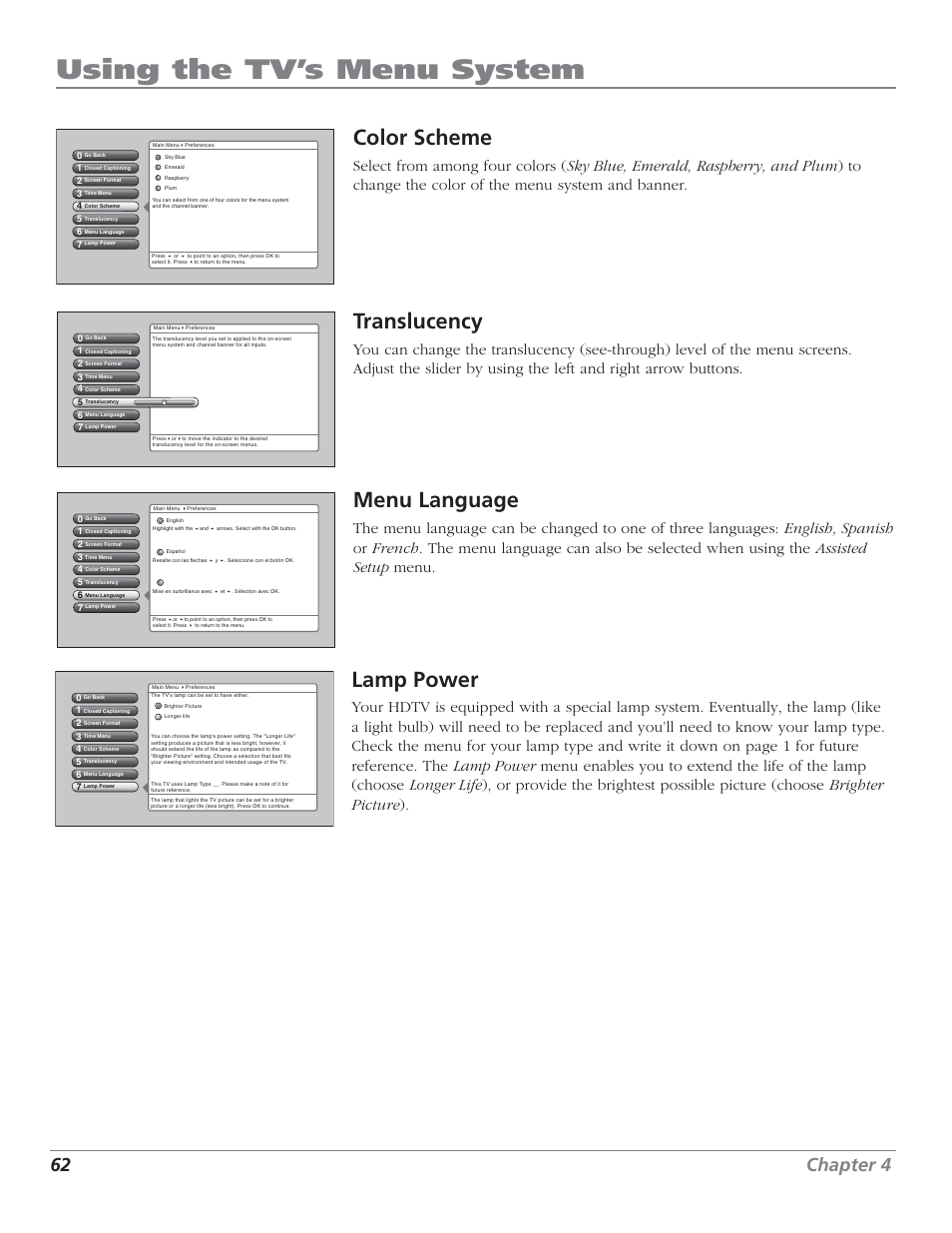 Using the tv’s menu system, Color scheme, Translucency | Menu language, Lamp power, 62 chapter 4 | RCA HD44LPW62 User Manual | Page 64 / 80