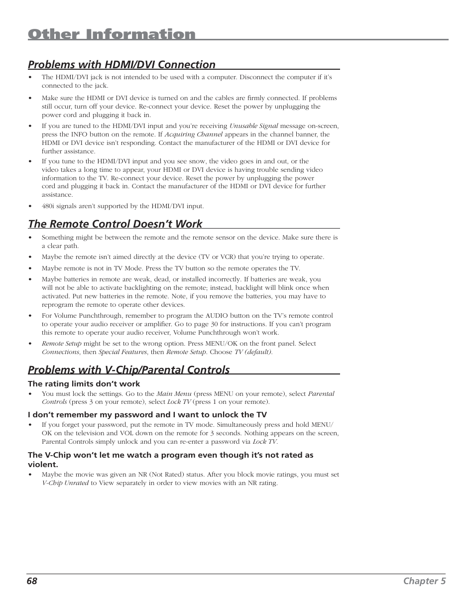 Other information, Problems with hdmi/dvi connection, The remote control doesn’t work | Problems with v-chip/parental controls | RCA HD44LPW62 User Manual | Page 70 / 80