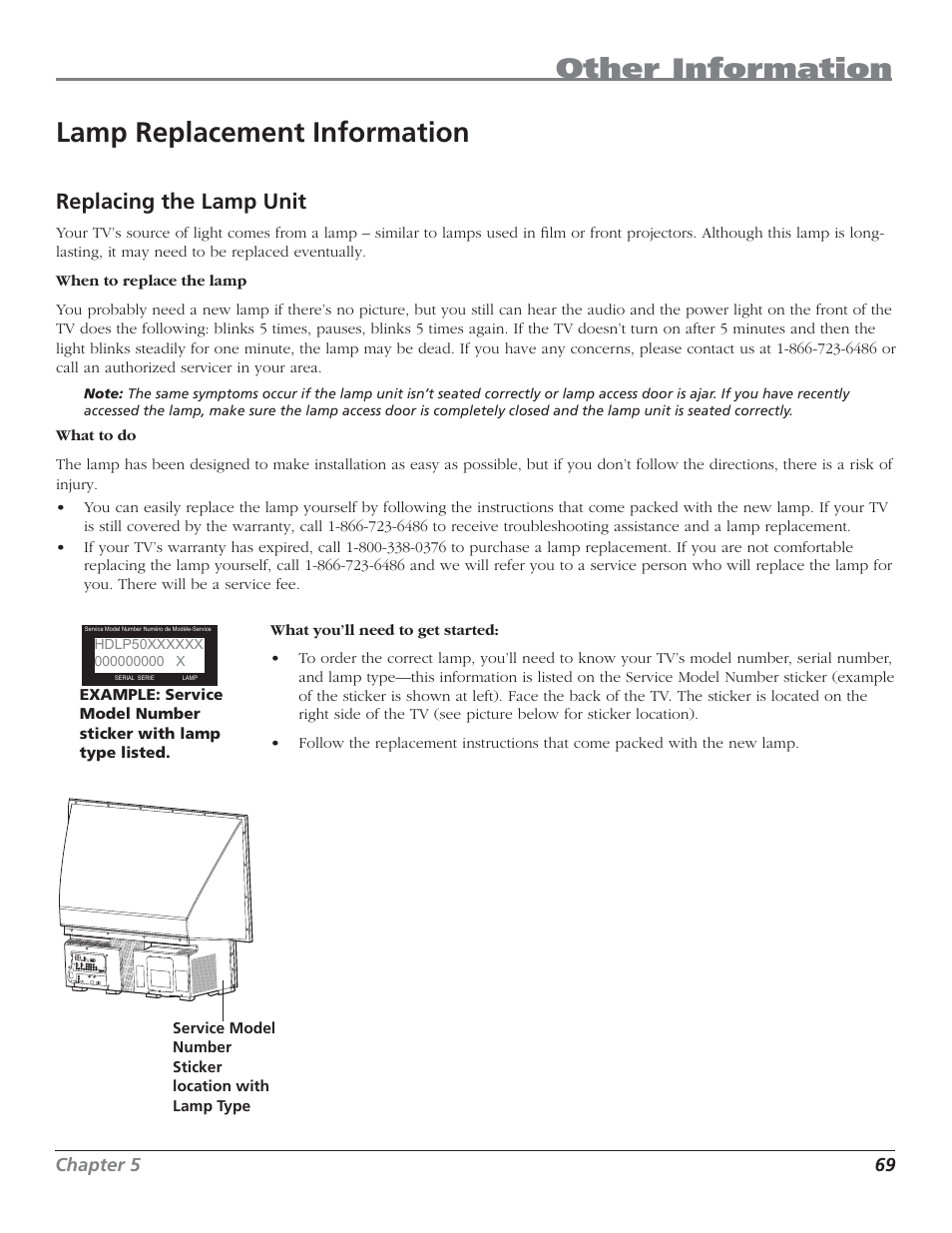 Other information, Lamp replacement information, Replacing the lamp unit | RCA HD44LPW62 User Manual | Page 71 / 80