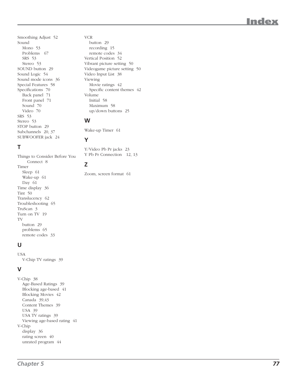 Index | RCA HD44LPW62 User Manual | Page 79 / 80
