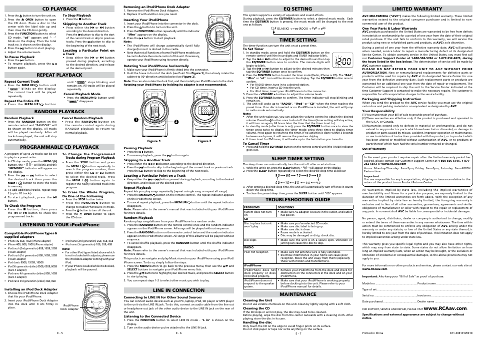 Eq setting line in connection, Troubleshooting guide, Maintenance | Timer setting, Sleep timer setting, Programmable cd playback | RCA RS3081iH User Manual | Page 2 / 6