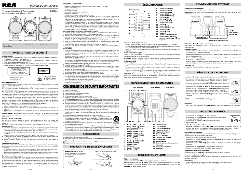 Consignes de sécurité importantes, Précautions de sécurité, Emplacement des commandes | Réglage du volume réglage de l’horloge, Ecouter la radio, Connexions du système | RCA RS3081iH User Manual | Page 3 / 6