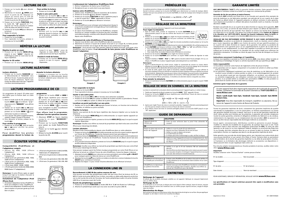 Prérégler eq la connexion line in, Guide de depannage, Entretien | Lecture programmable de cd | RCA RS3081iH User Manual | Page 4 / 6