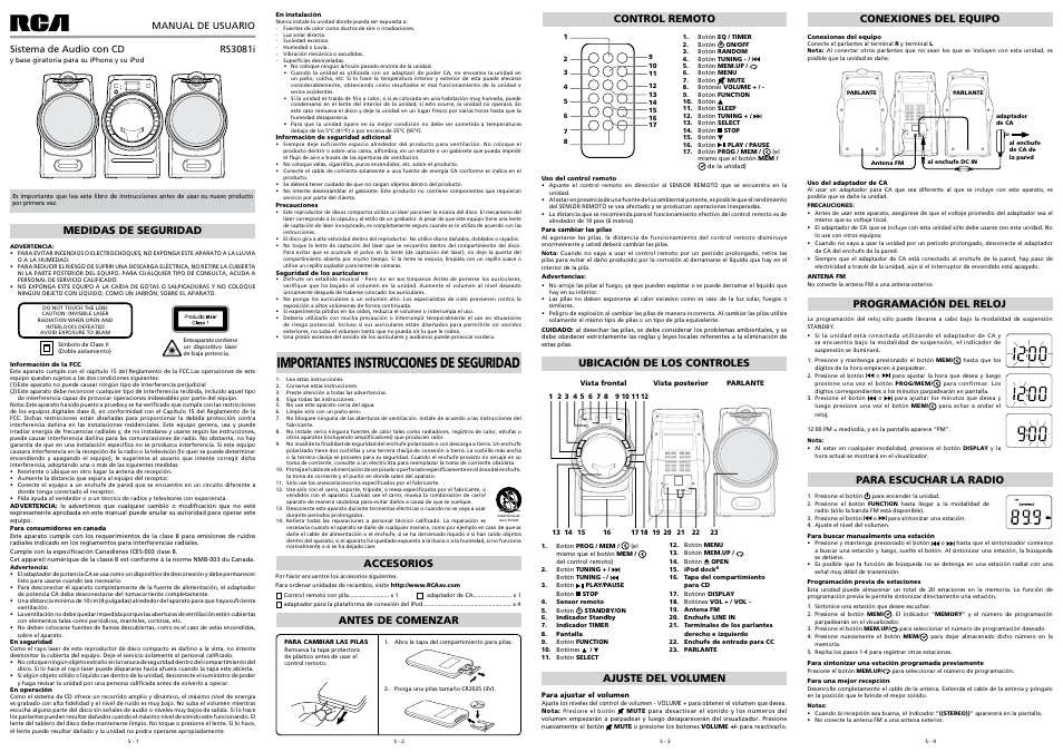 Importantes instrucciones de seguridad, Medidas de seguridad, Control remoto antes de comenzar accesorios | Ubicación de los controles, Ajuste del volumen programación del reloj, Para escuchar la radio, Conexiones del equipo | RCA RS3081iH User Manual | Page 5 / 6