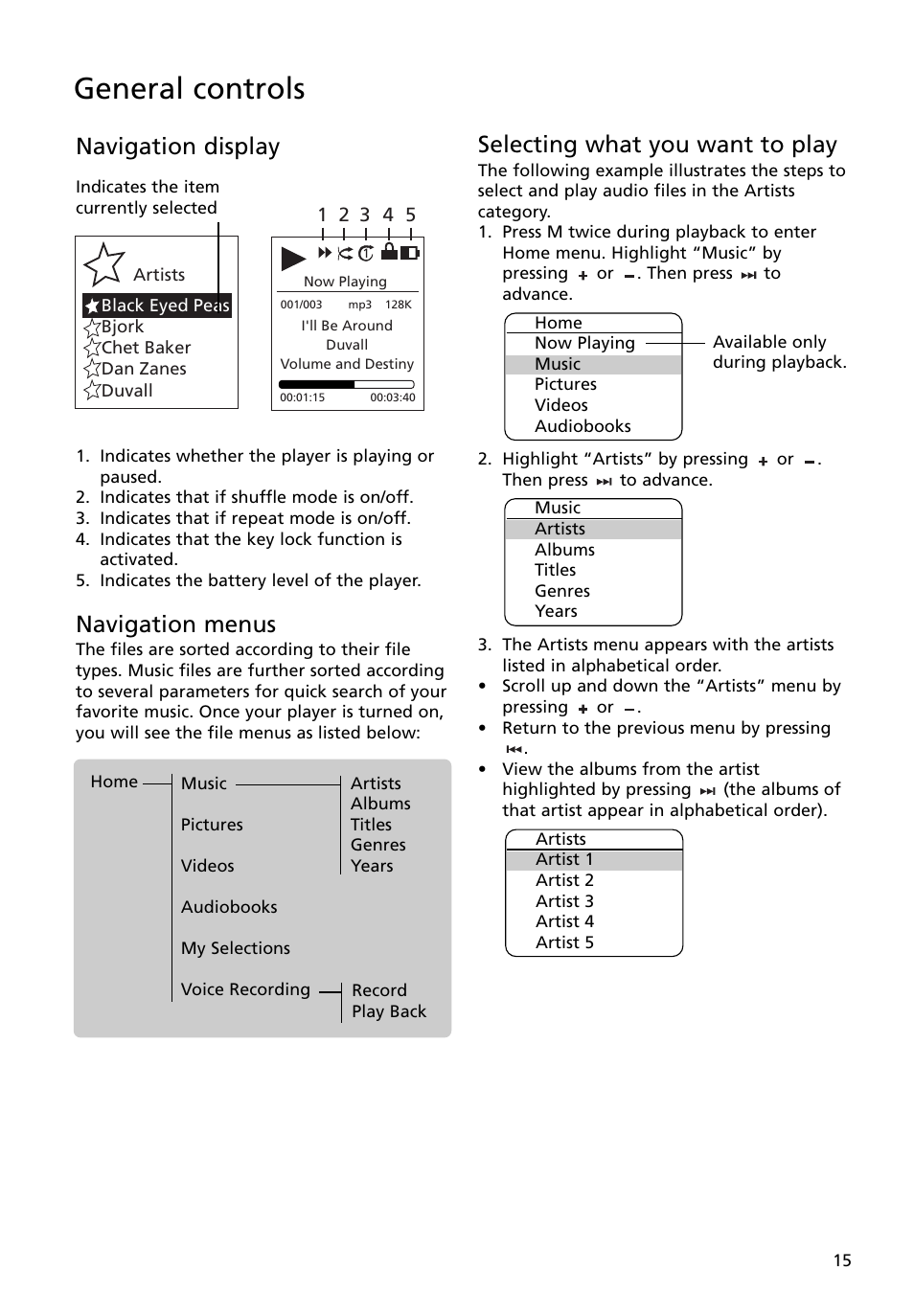 Navigation display, Navigation menus, Selecting what you want to play | General controls | RCA M4008 User Manual | Page 15 / 28