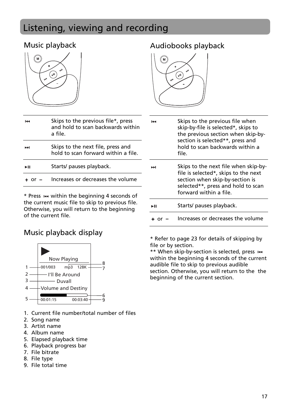 Listening, viewing and recording, Music playback, Music playback display | Audiobooks playback | RCA M4008 User Manual | Page 17 / 28