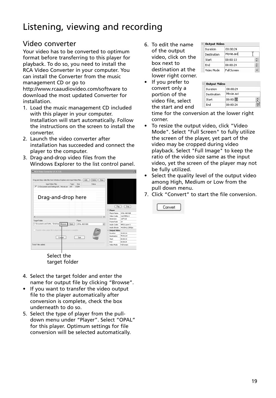 Video converter, Listening, viewing and recording | RCA M4008 User Manual | Page 19 / 28