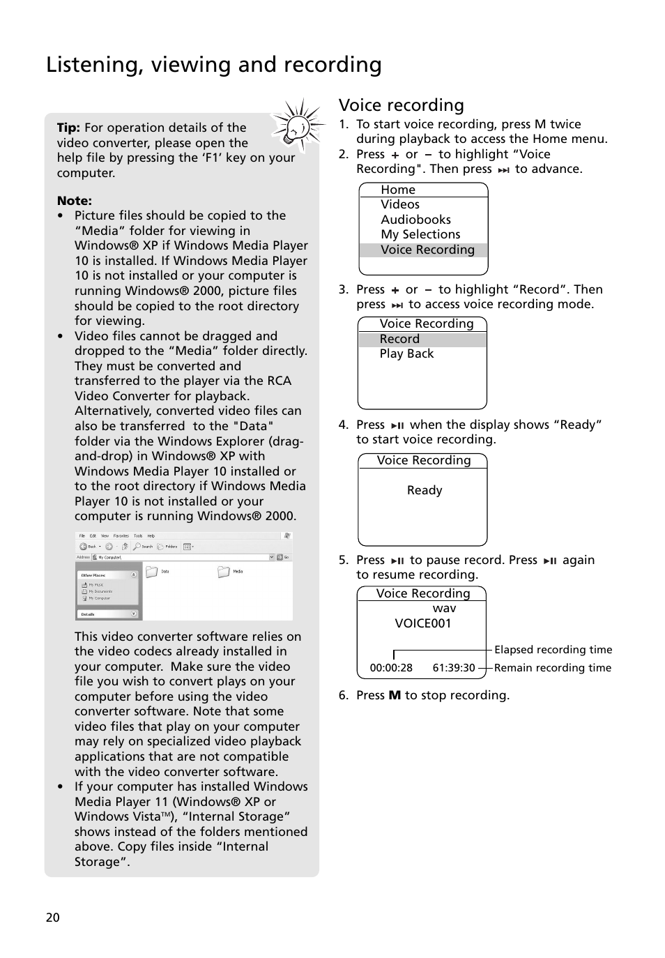 Voice recording, Listening, viewing and recording | RCA M4008 User Manual | Page 20 / 28