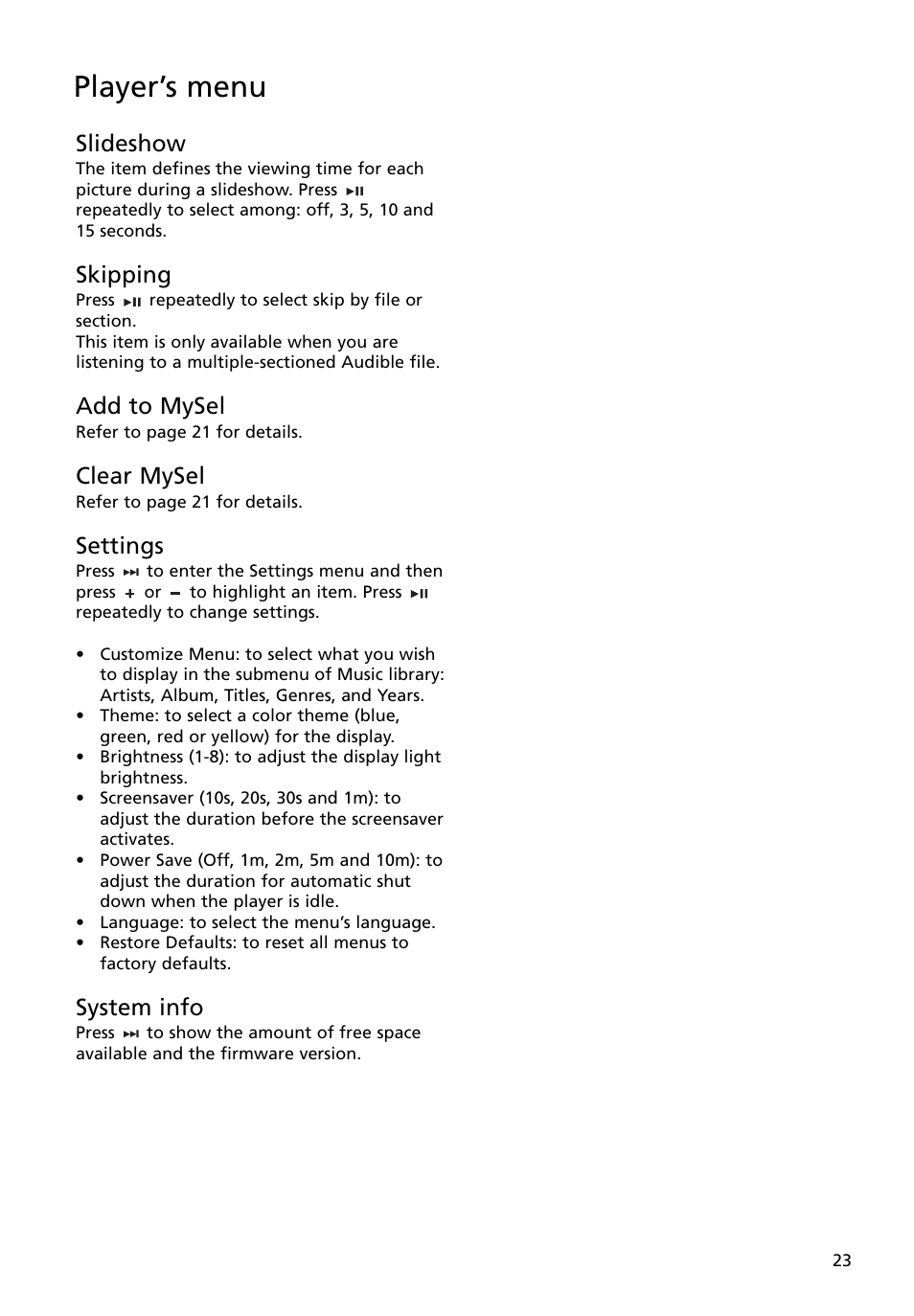 Slideshow, Skipping, Add to mysel | Clear mysel, Settings, System info, Player’s menu | RCA M4008 User Manual | Page 23 / 28