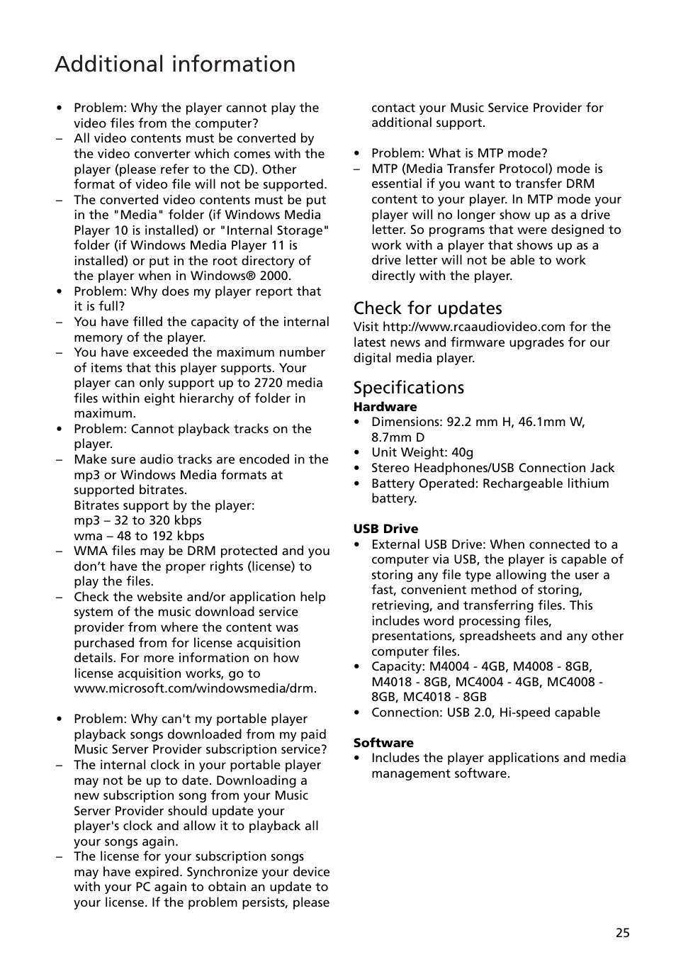 Check for updates, Specifications, Additional information | RCA M4008 User Manual | Page 25 / 28