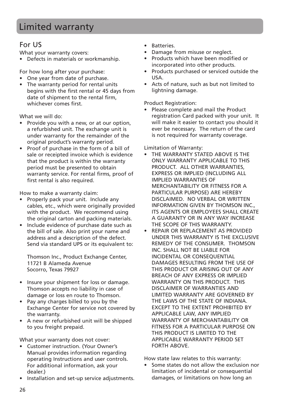 Limited warranty, For us | RCA M4008 User Manual | Page 26 / 28
