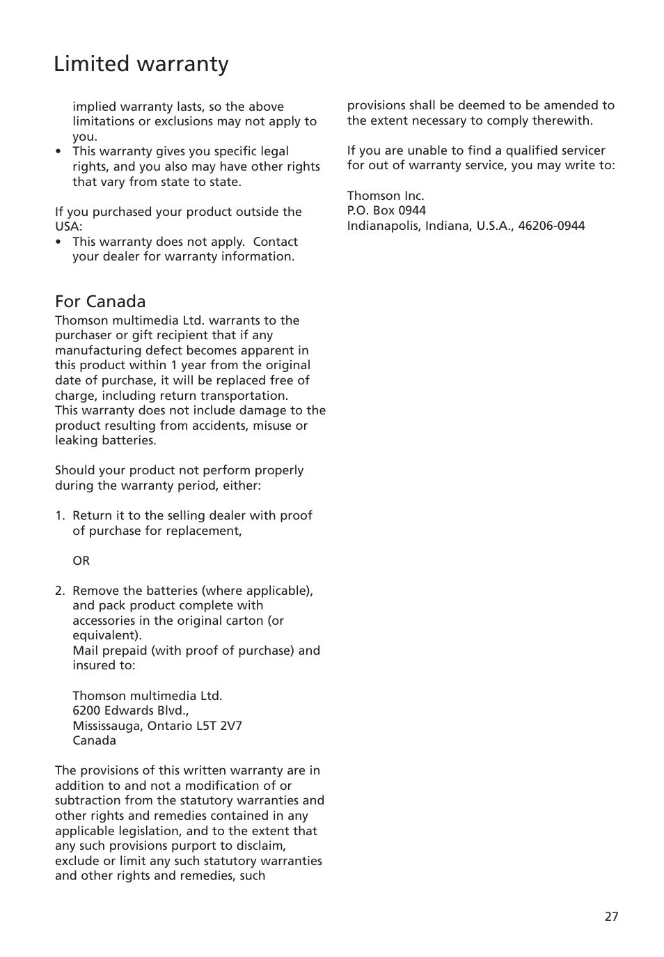 For canada, Limited warranty | RCA M4008 User Manual | Page 27 / 28