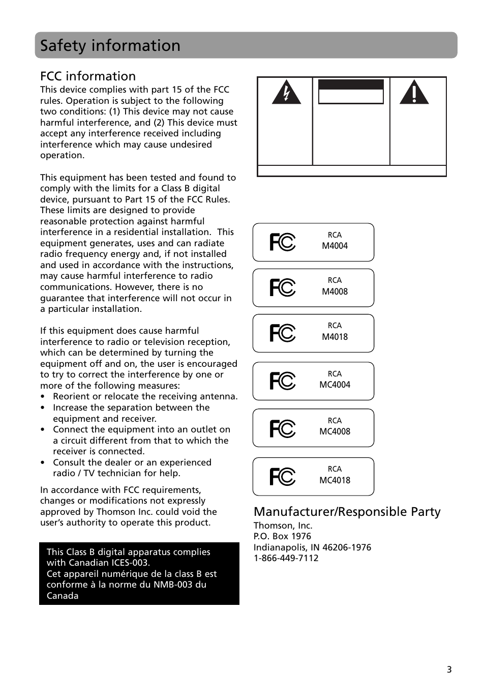 Safety information, Fcc information, Manufacturer/responsible party | Caution | RCA M4008 User Manual | Page 3 / 28