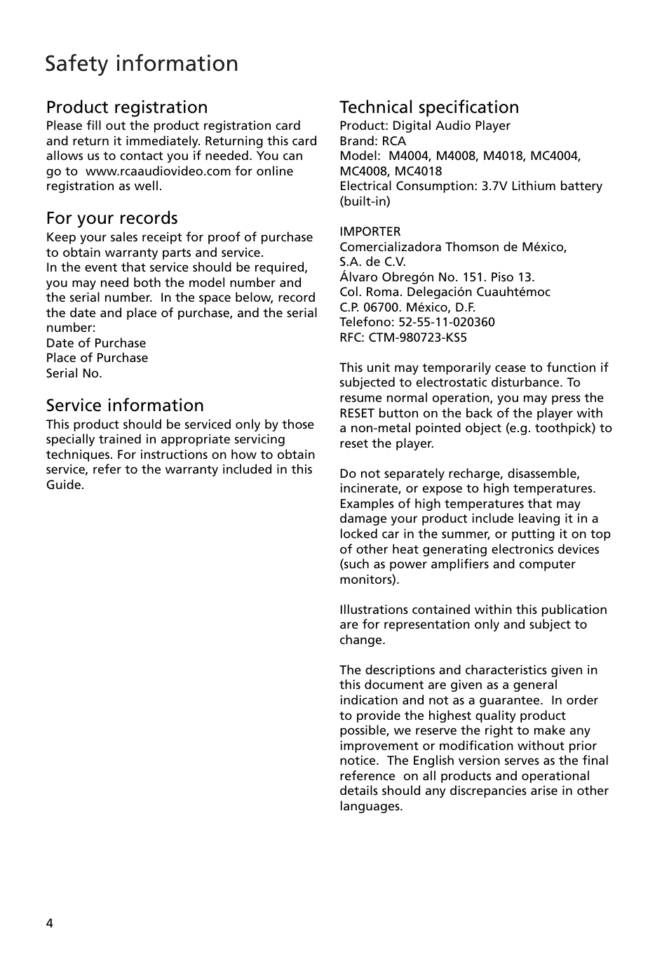 Product registration, For your records, Service information | Technical specification, Safety information | RCA M4008 User Manual | Page 4 / 28