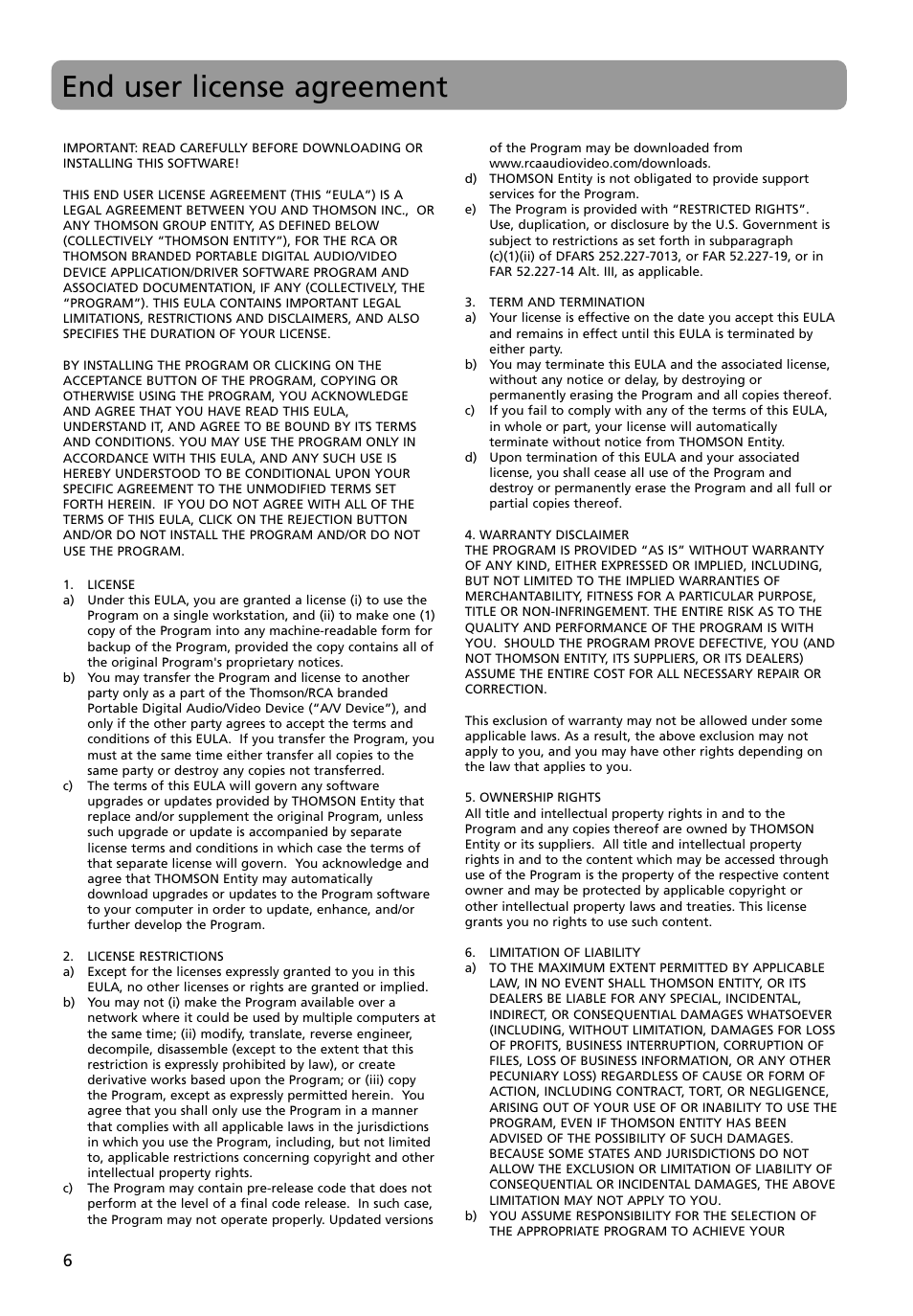 End user license agreement | RCA M4008 User Manual | Page 6 / 28