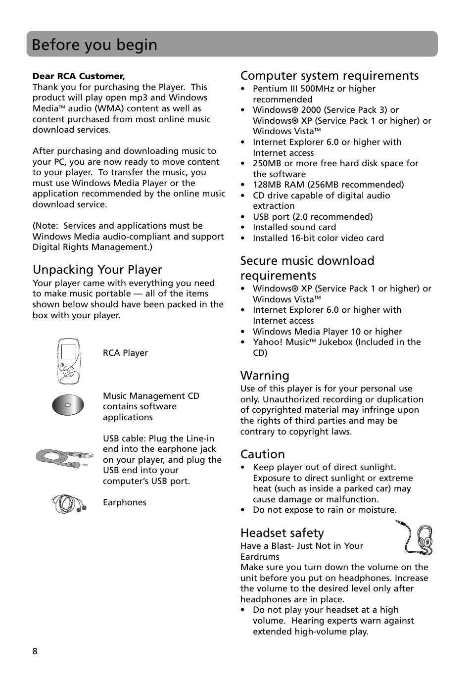 Before you begin, Unpacking your player, Computer system requirements | Secure music download requirements, Warning, Caution, Headset safety | RCA M4008 User Manual | Page 8 / 28