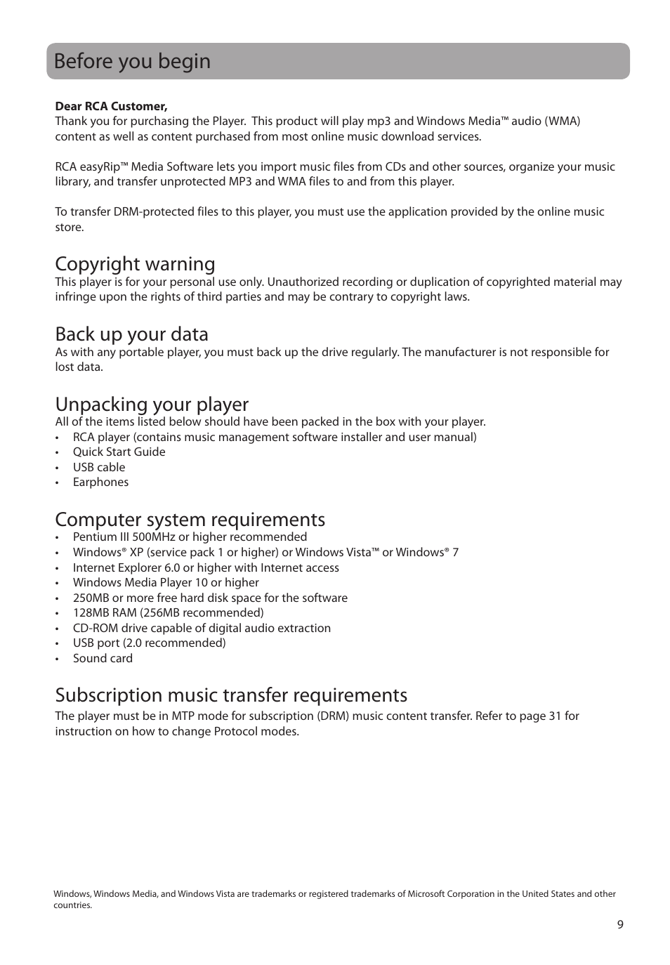 Before you begin, Copyright warning, Back up your data | Unpacking your player, Computer system requirements, Subscription music transfer requirements | RCA M48 User Manual | Page 10 / 39