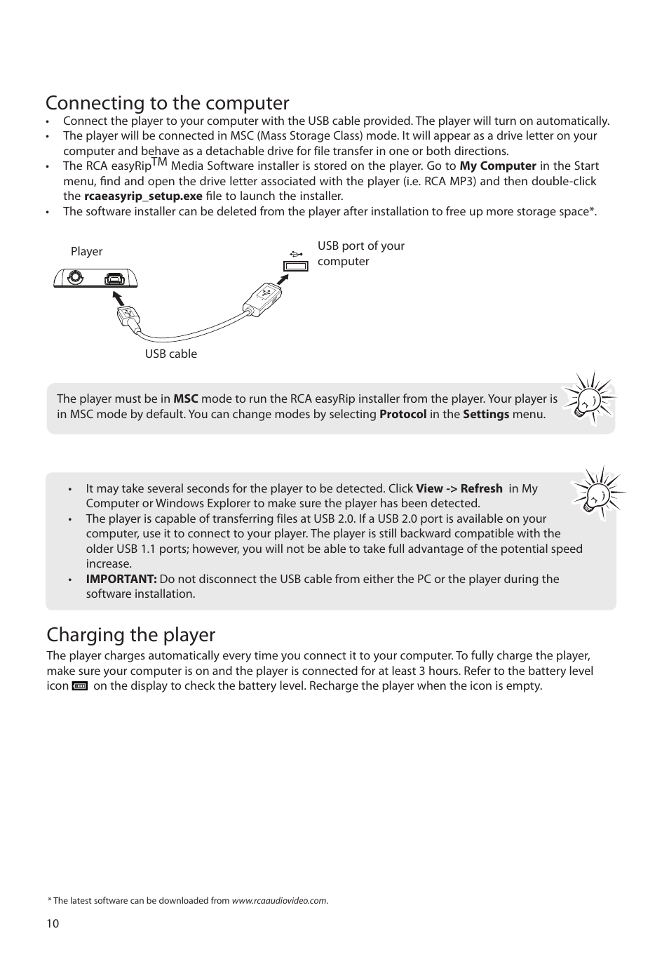 Connecting to the computer, Charging the player | RCA M48 User Manual | Page 11 / 39