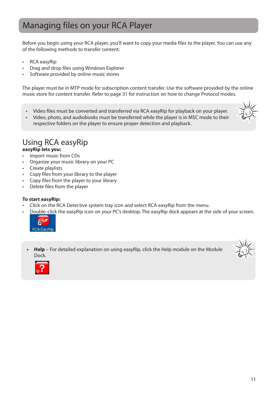 Managing files on your rca player, Using rca easyrip, Deleted | RCA M48 User Manual | Page 12 / 39