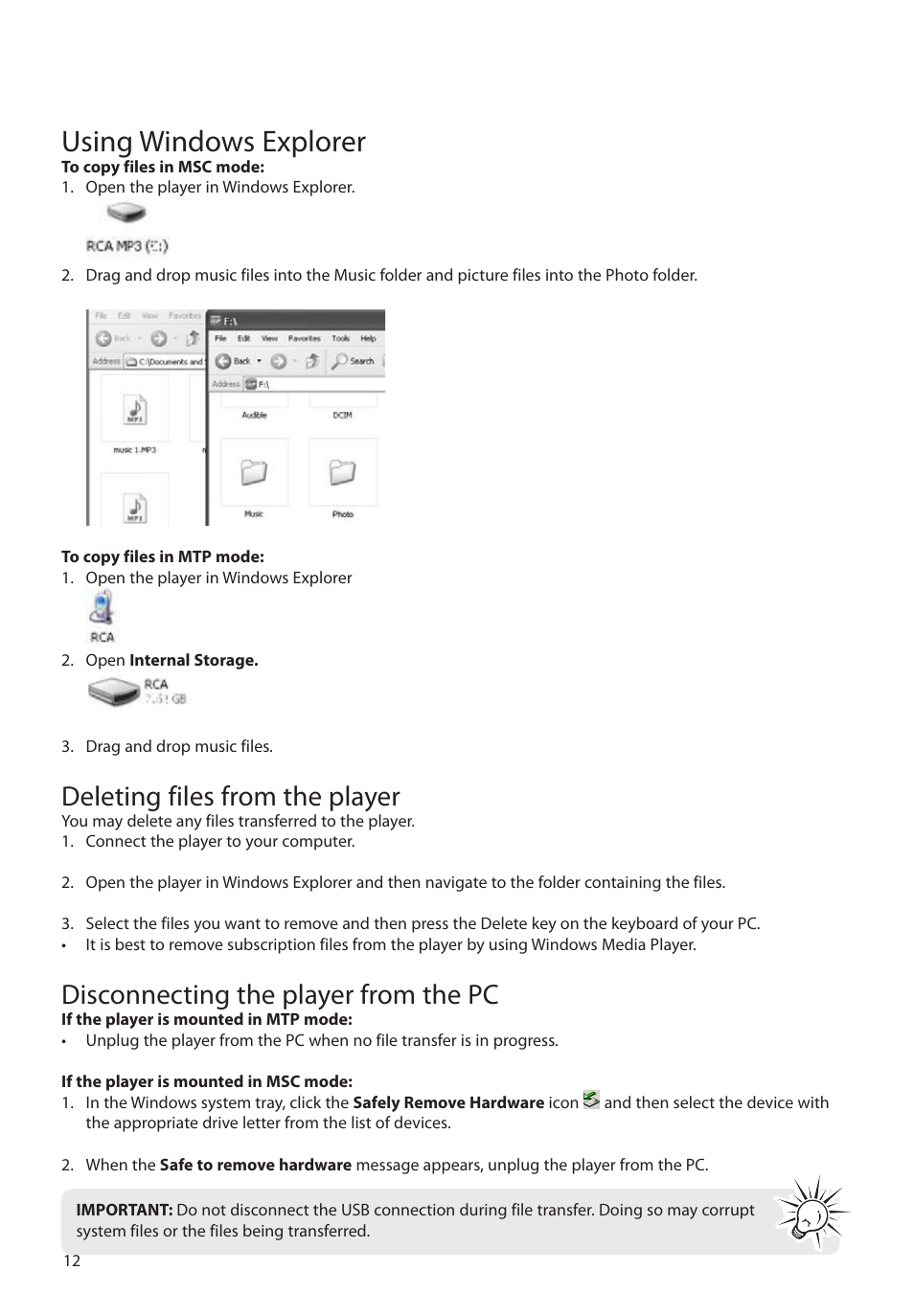 Deleting files from the player, Disconnecting the player from the pc, Using windows explorer | RCA M48 User Manual | Page 13 / 39