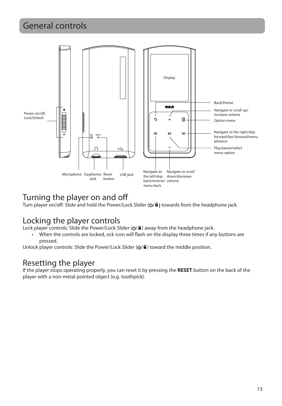 General controls, Turning the player on and off, Locking the player controls | Resetting the player | RCA M48 User Manual | Page 14 / 39