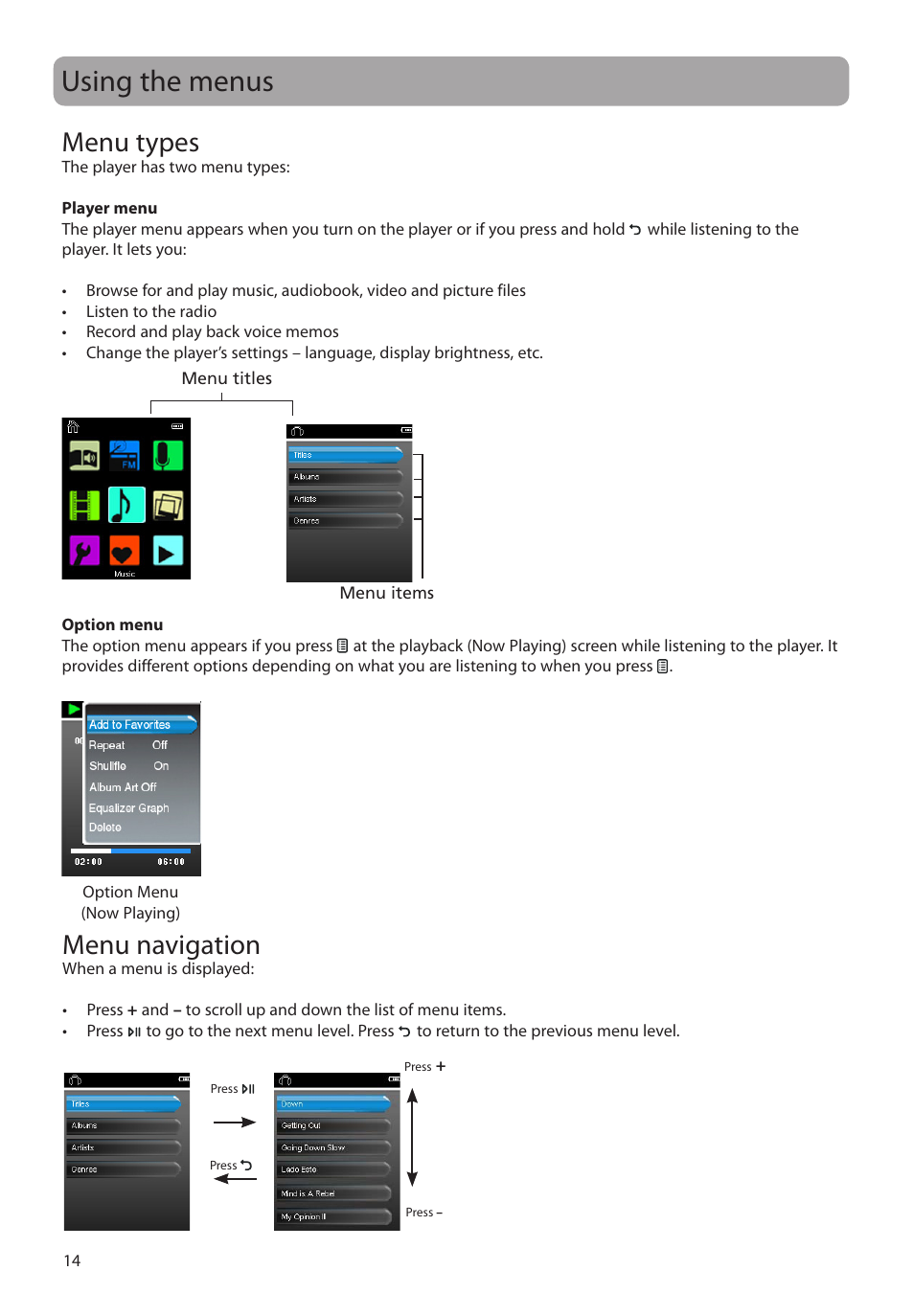 Using the menus, Menu types, Menu navigation | RCA M48 User Manual | Page 15 / 39
